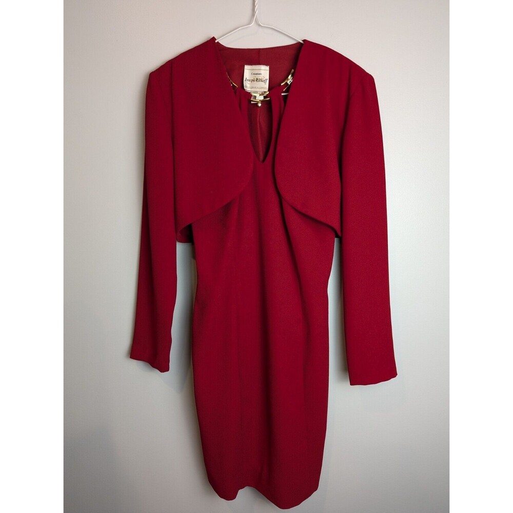 Vintage Joseph Ribkoff Red Mini Dress Crop Jacket Career Gold Neck Detail Size 4